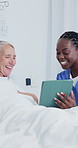 Nurse, tablet or discussion with senior patient in hospital bed for medical checkup or diagnosis. Female person, caregiver or doctor with technology for elderly care, advice or treatment in clinic