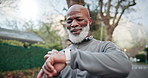 Smile, black man and smart watch in nature for fitness, progress and heart rate from exercise. Happy, mature person or laugh at park with wristwatch, tracking health and notification for sports stats