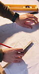 Hands, architect and blueprint with detail for drawing, civil engineering and building design. Architecture, man and ruler for sketch, CAD or floor plan for property development or writing vision