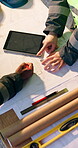 Hands, architect and blueprint with team for tablet, civil engineering and building design. Architecture, people and tech for sketch, CAD or above floor plan for property development or discussion