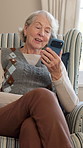Phone, video call and senior woman in home with communication, chatting or advice. Technology, happy and elderly person in retirement with cellphone for virtual conversation on app in living room.