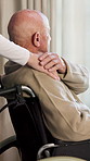 Nursing home, nurse and holding hands with old man in wheelchair, helping or compassion for patient. Healthcare, caregiver and empathy for senior person with disability, retirement and rehabilitation