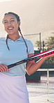 Face, smile and woman on court for tennis, fitness and match practice for competition. Portrait, female person and player on turf with happiness, padel racket and sports training for tournament game