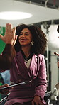 Director, actress and high five in studio with support, makeup or clipboard for talent release form. Happy, film producer or people on set with celebration, getting ready and contract for production.