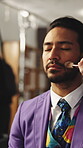 Preparation, man or artist on set with makeup, getting ready or bts beauty process in film studio. Collaboration, people or actor with touch up, cosmetic application or backstage in cinema production
