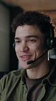 Technical support, smile and man in call center, help and talking online for internet connection. Contact us, IT agent and person with headset for customer service, troubleshooting and network query