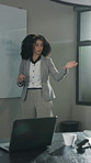 Business, presentation or woman in office with whiteboard, budget review or growth update in kpi feedback. Meeting, speaker or finance advisor with notes, forecast or performance in metric track.