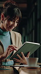 Business, woman and reading at cafe with tablet, research and contact buyer for real estate. Mature realtor, laugh and freelancer at shop with digital, schedule update and viewing inquiry for auction