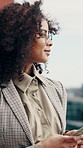 Businesswoman, thinking and scroll in city with phone, glasses or email response for urban development. Person, reflection and downtown with tech for real estate, property investment and planning.