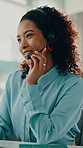 Telemarketing, computer and happy woman in call center, talking or communication for insurance sales. Telesales agent, headset and person with tech for coverage policy, premium benefits and flare