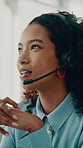 Telemarketing, headset and woman in call center, speaking or communication for insurance sales. Telesales agent, smile or person with feedback for coverage policy, premium benefits or lead generation