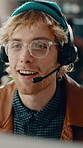 Call center, computer and man with multilingual support, speaking or communication for assistance. Customer care, headset and happy person with feedback for help, language translation and coworking