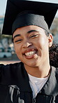 Face, graduation and laughing with woman outdoor for ceremony at college or university. Funny, knowledge and milestone with happy graduate at event for higher education, scholarship or school success