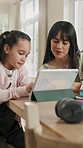 Mom, child and teaching with tablet in home for online learning, education or course together. Mother, tutor or mentor with student, learner or technology for homeschooling, class or lesson in house