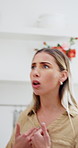 Argument, angry and woman in home with conflict for affair, cheating or infidelity blame with divorce. Upset, couple and female person with fighting for problem in marriage with toxic relationship.