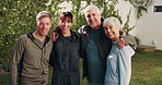 Happy, hug and people outdoor for fitness, exercise and training together for wellbeing. Morning, portrait and couple with senior parents for wellness, health and embrace for bonding in backyard