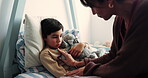 Woman, bedroom and thermometer for sick child with fever, flu or affection for love or care in family home. Boy, ill son and mother with concern for wellness, recovery or healing with stuffed animal
