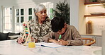 Grandmother, helping and child in home with abacus, math lesson or counting for education. Senior woman, tutor and kid at house with notebook, learning support and calculating beads for study session