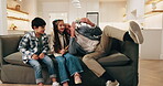 Children, grandfather and play with toy in home, bonding together and development on sofa. Grandparent, kids or elephant figurine in lounge for connection, playful siblings or funny family with smile