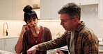 Coffee, couple and argument in kitchen for debt crisis, bankruptcy and financial problem. Mature man, woman and mortgage dispute at home, fight and frustrated with conflict for investment loss