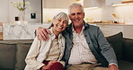 Face, old couple and relax in home with smile, love and support for bonding together on sofa. Portrait, senior people and rest on couch with embrace, partner affection and comfortable for retirement