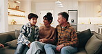 Care, smile and family in house with fun, loving connection and bonding together on day off. Laugh, parents and children on couch with running, playful relationship and happy moment on weekend break.