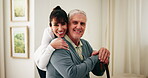 Face, hug and caregiver with senior man in home for support, comfort or good news on treatment. Smile, portrait and medical worker embracing elderly patient for trust at consultation in house.