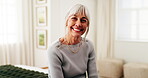 Wellness, face or senior woman on bed with smile, positive attitude or weekend break with unwind. Wellbeing, portrait or old person in home with confidence, good mood or satisfaction in retirement.