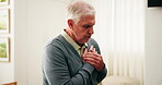 Stress, chest pain and senior man in home with discomfort, angina or heart attack symptoms. Respiratory illness, medical emergency and elderly person with cardiac problem, asthma or artery disease.