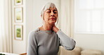 Home, discomfort and senior woman with neck pain from disc disease, chronic stiffness and massage. Retirement, pensioner and muscle tension in house from pinched nerve, osteoarthritis or inflammation