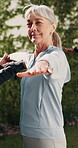 Senior, woman and warrior pose with trainer outdoor, exercise and wellness with stretching for posture. Person, coach and help with advice in yoga class, fitness and balance with support in nature
