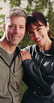 Fitness, face or couple outdoor with smile, bonding together or support in exercise activity. Wellness, love or mature people with confidence, happy connection or active hobby in healthy relationship