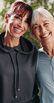 Friends, face and happy women with hug for fitness, health or outdoor wellness together in park. Portrait, active or mature female people with smile for bonding, community or friendship in nature