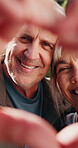 Happy, face and senior couple with heart hands for romance, love or relationship together. Portrait, elderly man and woman with smile, like emoji or shape in frame for romantic gesture in nature