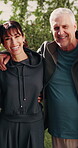 People, face and mature friends with hug in huddle for fitness, health or outdoor wellness together. Portrait, active group or smile with senior for bonding, community or aging friendship in nature