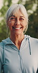 Senior, face and fitness with happy woman for exercise, health or wellness in outdoor park. Portrait, elderly or active female person with smile or pride for physical activity or retirement in nature