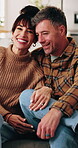 Love, face and mature couple in home with laugh, marriage commitment and healthy relationship. Affection portrait, happy people and relax in house for bonding together, weekend break and connection