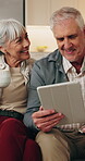 Coffee, tablet or old couple in home, smile or discussion for booking holiday with online guide. Tech, man and woman with drink at house for vacation planning, travel itinerary or happy in retirement