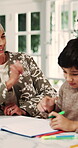 Help, grandma or child with homework in home for education, support or high five for development. Happy family, senior woman or kid with celebration for learning, writing or pride for problem solving