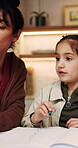 Mom, kid and learning in home with abacus, homework discussion and math problem solving for growth. Woman, talk and daughter in house with counting tool, education task or help for child development.
