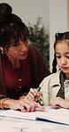 Reading, child and mother with help for homework, english activity and learning support in home. Homeschool, mom and kid with book in house for education, lesson assistance and language development