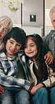 Face, grandmother and kids with love in home for bonding, connection and sibling visit at family. Grandparents, children and happy to relax in house for holiday break, relationship development or hug
