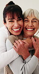 Face, caregiver and hug with old woman for trust, health and happiness with assisted living. People, retirement and embrace carer with smile, connection and medical service with support in homecare