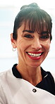 Face, woman and caregiver laugh in home for homecare, support worker and care assistant with pride. Portrait, funny and mature carer at house for health, wellness service or volunteer with confidence