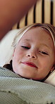 Happy, bed and parent with blanket for child for bedtime routine, bonding and comfortable at night. Family, home and person with girl for tuck in, cozy and warmth for care, trust and love in bedroom