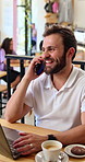 Man, laptop and remote work in coffee shop with phone call, discussion and typing marketing proposal. Happy, person and freelancer in cafe with tech, contact and feedback for creative brand campaign.