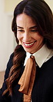 Thinking, happy and business woman for real estate, planning and idea for property listing. Smile, office and person with inspiration, reflection and thoughtful for resale strategy at realtor agency