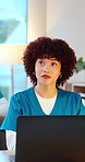 Woman, student and listen in medical school with laptop, learning knowledge and thinking in class. Person, reflection and computer in university for nursing course, education and study healthcare.