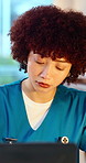 Woman, student and research in medical school with laptop, learning knowledge or case study in course. African person, reading and computer in college for nursing curriculum, education or healthcare.