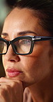Thinking, glasses and business woman in office for planning, reading and ideas for story headline. Publishing, mature and person with reflection, inspiration or thoughtful for news at creative agency
